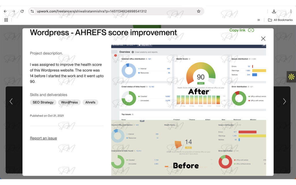 Health score WordPress website - AHREFS | Score improvement report