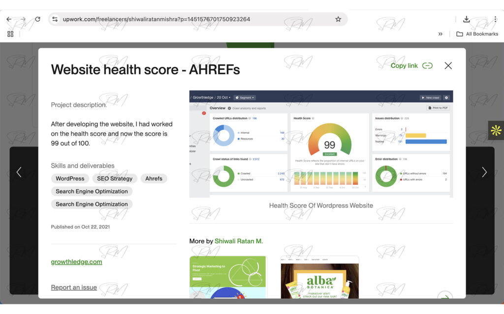 Website health score report by AHREFs tool