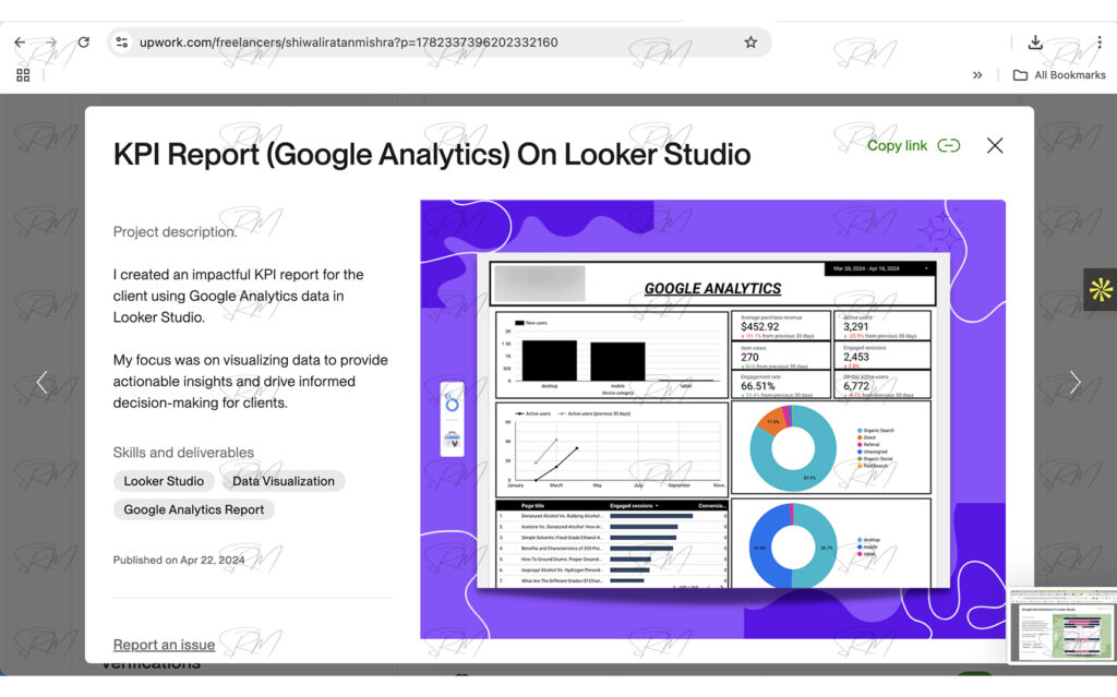 Google Analytics KPI dashboard created in Looker Studio