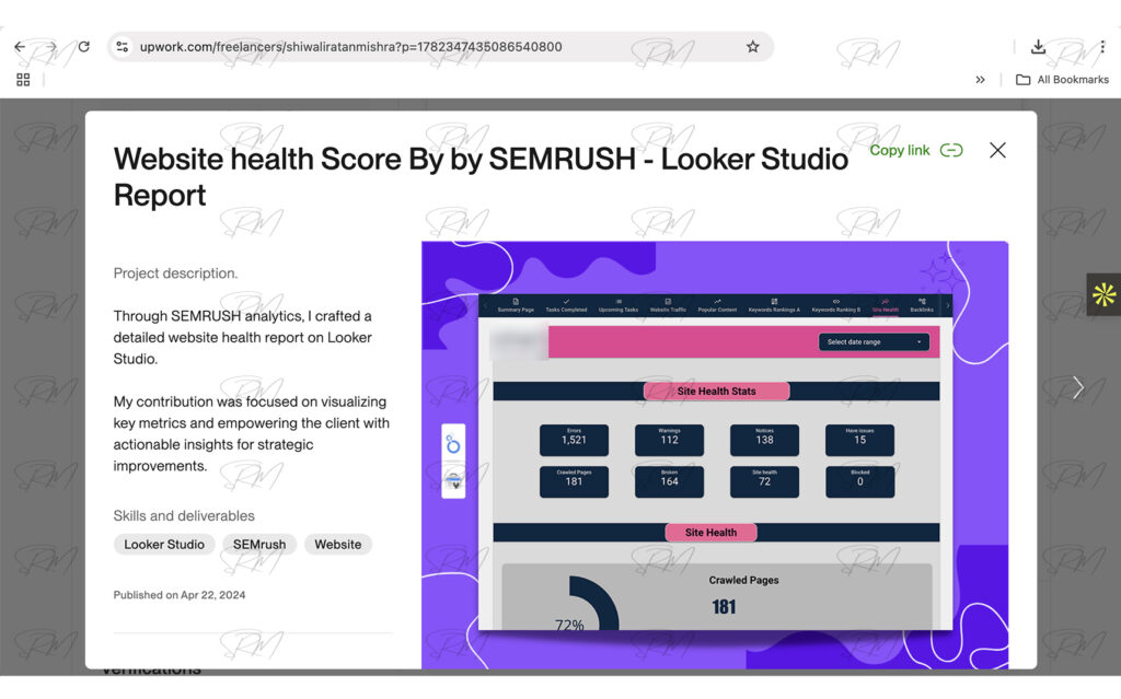 Website Health Score dashboard created | SEMrush data in Looker Studio